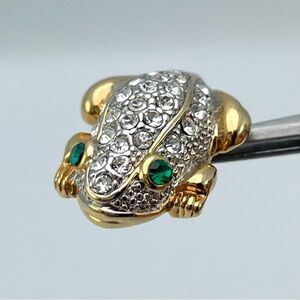 Delightfully Vintage Gold Tone Frog Brooch with Green Eyes & Clear Rhinestones
